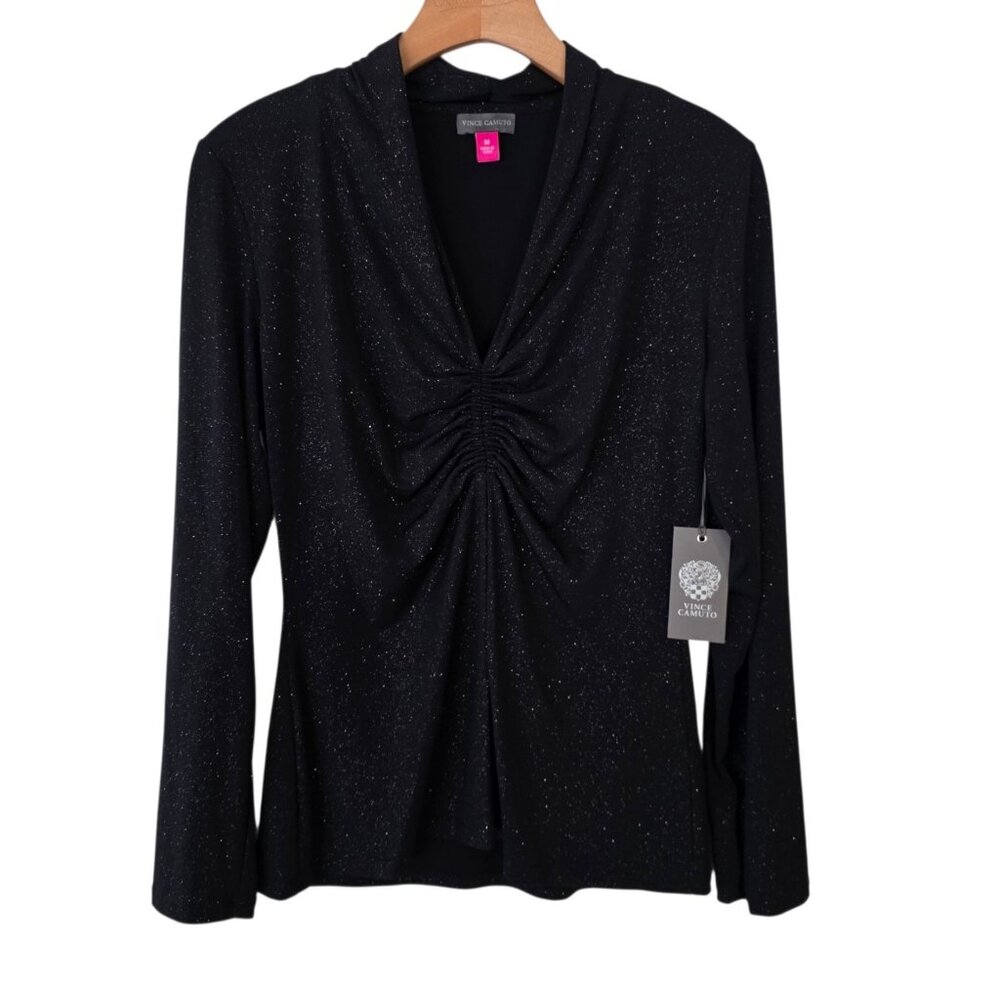 VINCE CAMUTO Top Metallic Black V-Neck Long Sleeve Lined Blouse Size M NWT